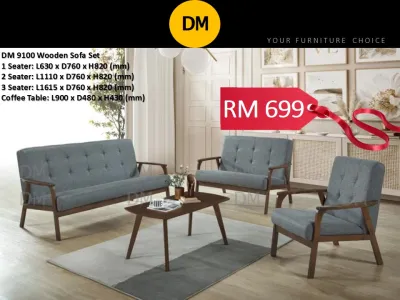 𝐇𝐀𝐑𝐆𝐀 𝐓𝐄𝐑𝐌𝐔𝐑𝐀𝐇 WOODEN SOFA SET 1+2+3 SEATER + COFFEE TABLE 🆁🅴🅰🅳🆈 🆂🆃🅾🅲🅺 DM 9100 Fabric [Walnut + Grey Cushion]