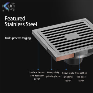 Xinkunlong K8202 10X10cm Square Bathroom Anti-odor Floor Drain 304 Stainless Steel Floor Drain with the Drainage Pipe Diameter Range 40--70mm