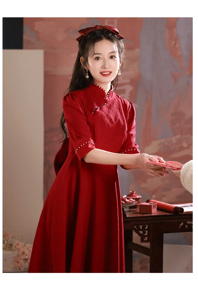 Pregnant women toast bride Chinese engagement cheongsam dress dress dress  plus size fat mm summer burgundy. | Lazada PH