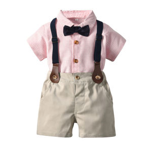 2023 New Summer Boys Gentleman Clothing Suits Shirt Bowtie + Suspender Shorts Sets Kids Toddler Boys Clothes Wedding Party Birthday Costumn 1 2 3 4 5 6 Years
