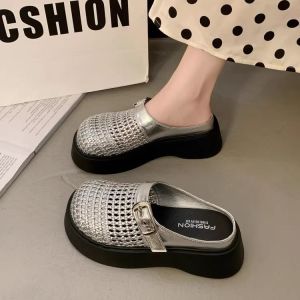 [Free Shipping] Thick-Soled Height-Increasing Closed-Toe Sandals For Women 2026 Summer New Style Slip-On Breathable Half-Slipper Design Mesh Upper