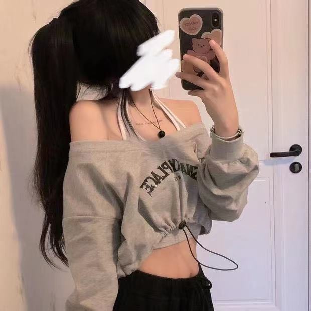 y2k 2Pcs long-sleeved hoodie +ultra short crop for women plus size