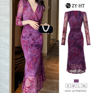 ZYHT Đầm Phong cách Nước pháp cổ chữ v Chic Stretch Velvet Weaving Pleated Maxi thanh lịch đầm đuôi cá 30570