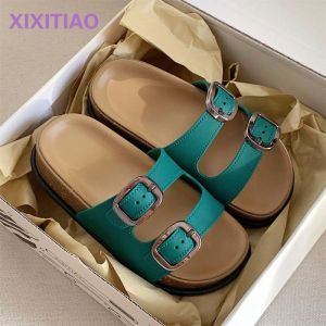 Thin Strips Retro Color-blocked Creative Square Buckle Parent-child Sandals Outdoor Non-slip Double Strap Soft-soled Slippers Womens Summer