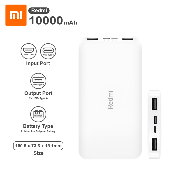 Xiaomi 10000mAh Redmi Power Bank Portable Charger, Dual Input and Output  Ports, 37Wh High Capacity, External Battery Pack Compatible with iPhone
