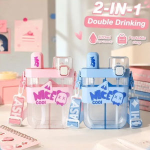 Double Drinking Water Bottle 620ml Leakproof Straw Direct Drink Cup Botol Air Portable School