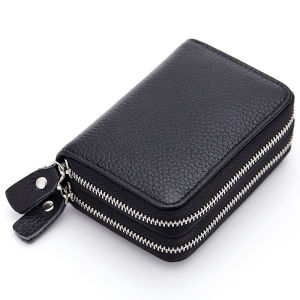 Genuine Leather RFID Womens and Mens Double Zipper Credit Card Holder Wallet Clutch Purse Key Small Change Card Bag