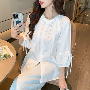 AMMIN 2024 Autumns new simple flower round neck white chiffon blouse with Bubble sleeves Korean version r single breasted long sleeve elegant blouse