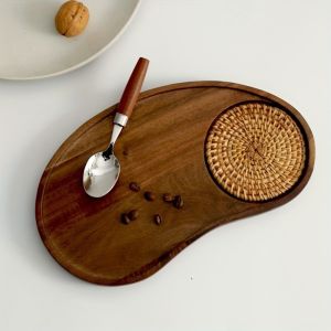 KECTTIO with Coaster Cashew Nut Wood Tray Natural Decorative Food Dish Dessert Tray Wooden Fruit Platter Restaurant