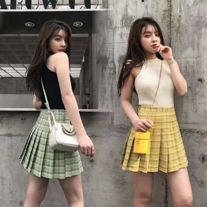 Korean avocado plaid pleated skirt skirt | Lazada PH