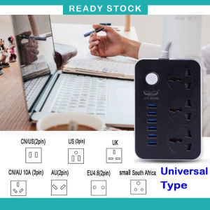 【ready stock】6 USB Port 3 Universal Power Strip Extension Plug Power Socket Electric Sockets Elektrik Soket Extension Cords Power Socket (3.4A) Fast Charging 6 USB Extension 3 Socket Plug Ports & 2M Cable Power Strip