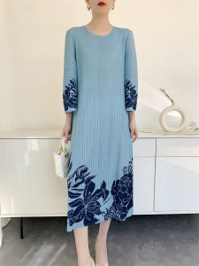 L–1081F # One Size (45-75kg) Miyake Pleated Women Spring Summer Chinese Style Print Midi Dress