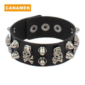 【CANAMEK】 Punk Gothic Skull Bracelet Chains Metal Spikes Rivet PU Leather Wristband Cuff Bangle Wide Cuff Bracelet Women Men Jewelry