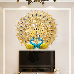 Jam Dinding Quartz Iron Luxury Diamond Peacock 3D Style 70cm Jam Dinding Mewah Hiasan Ruang Tamu