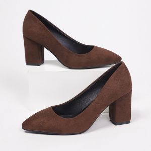 Free Shipping Pointed-Toe Suede Slip-On High-Heeled Shoes For Women 2026 Spring New Collection Chunky Heel Shallow Toe Plus-Size Professional Shoes