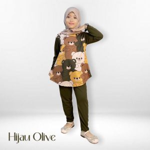 CF Kids Setelan Anak Perempuan Muslimah FullPrint Bear Lengan Panjang