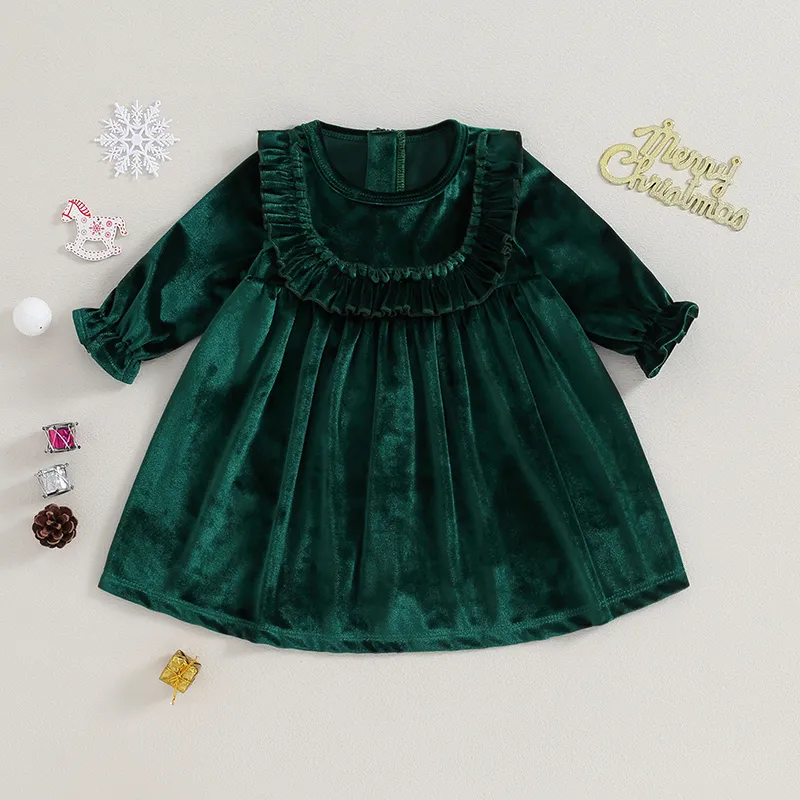 beautywoo】Kids Girl Christmas Dress Solid Color Long Sleeves