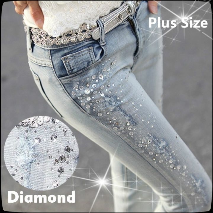 Plus Size 25-32 Women Jeans Spring Summer Autumn Fashion Casual Diamond  Beading Stretch Skinny Slim Fit Denim Pants