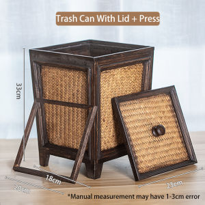 Rattan basket wooden trash can-hand woven basket trash can with decorative lid natural wood trash can for living room bedroom or bathroom/