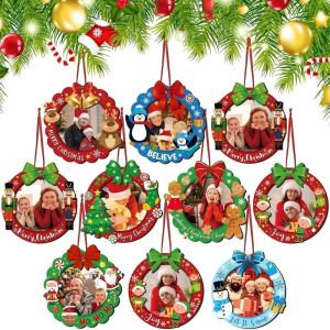SQMETR 8/10Pcs Snowflake Shape Christmas Tree Picture Frame Ornaments Wooden DIY Christmas Tree Pendant Holiday Decorations Christmas Party