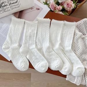 夏日芭蕾风网眼袜~透气舒适精梳棉无骨袜暗纹花花少女白色堆堆袜