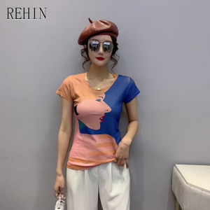 REHIN Womens T-shirt slim fit unique pattern rainbow colours print short sleeve shirt cotton t-shirts S-3XL blouse