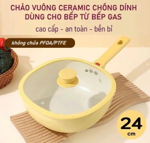 Chảo vuông Ceramic Chống dính 24cm Nắp kính trong suốt Tay cầm gang cách nhiệt Dùng cho Bếp từ Bếp gas Màu Pastel vàng nhạt