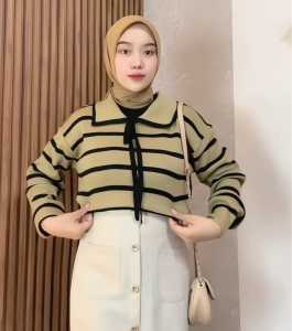 TERLARIS DI PAKAIAN ATASAN WANITA - SWEATER RAJUT MOTIF GARIS-GARIS TALI PITA KOREA STYLE TERBARU