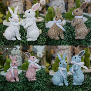 Easter Bunny Figurine Resin Rattan Woven Rabbit Statue Art Crafts Decoration Festival New Year Party Background Decor