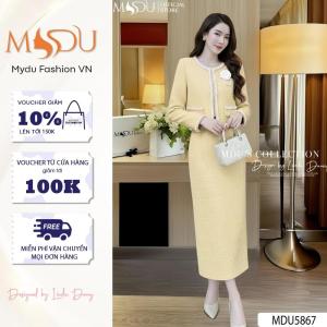 Set Dạ Tweed Thiết Kế MDU5867 Vàng Dáng Midi Áo Khoác Đính Ngọc Thanh Lịch