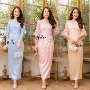 ชุดใส่ทำบุญ ชุดเซต ชุด 2 ชิ้น ชุดมาใหม่ ชุดแม่เจ้าบ่าวเจ้าสาว กระโปรงผ้านิ่มเงาวาว มีสีฟ้า สีทอง สีชมพู เสื้อลูกไม้ใยบวบ