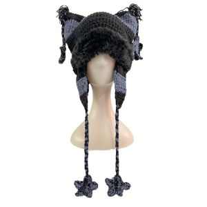 BUUXIAA Five-Pointed Star Pendant Knitted Trapper Hat Striped Cat Ear Beanie Beanie Hat Warm Pullover Knitted Woolen Hat For Women