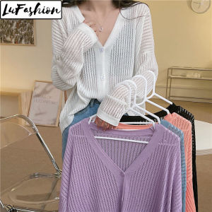 LuFashion Tops for Women Thin Korean Style Knit V-neck Slim Long Sleeve Casual Coat
