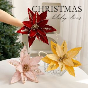CURRANT Large Christmas Glitter Velvet Flower Sequins 26cm Artificial Poinsettia Flower Funny Hanging Christmas Tree Ornaments Home Xmas Decoration