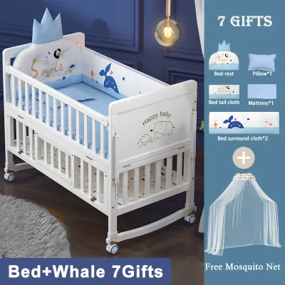 Solid Wooden Crib for Baby with Mattress Set Wheels Mosquito Net 120Cm/106Cm Wooden Baby Bed