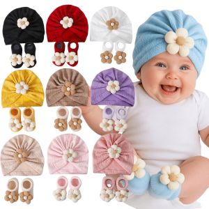 DOOUR Flower Infant Turban Hat Socks Set Soft Cotton Elastic Hat Sock Set Cute Breathable Baby Headscarf Hat Newborn Supplies