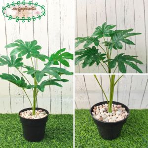 Pohon Hias Artificial Daun Aralia Pot Dasar Hitam & Pot Melamine Putih Dekorasi Meja Ruangan