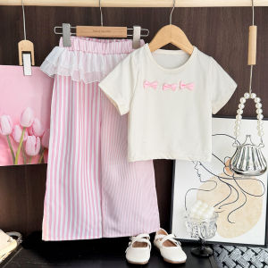 Bear Leader 3 to 7 Years Kids Clothes Baby Girls Suits Outfits Summer New Cute Bow White T-shirt and Lace Stripes Pants 2 Pieces Fashion Girls Clothing Sets Korean Version Costumes