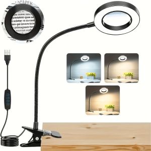 LED Clip On Magnifying Glass Table Lamp USB Dimmable Flexible Gooseneck Desk Light for Hands-Free Use in Crafting And Painting