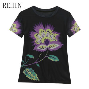 Rehin mùa hè thời trang lưới in họa tiết ngắn tay t-SHIR cổ tròn ôm vừa phụ nữ thanh lịch hàng đầu