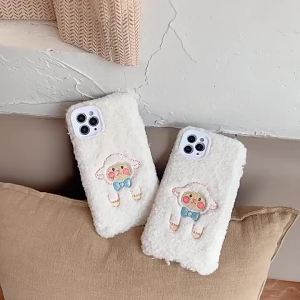 Plush Warm Case for 14 13 12 Pro Max Case Furry Fluffy Embroidery cute sheep cover for 6 7 8 Plus X XSMAX XR coque