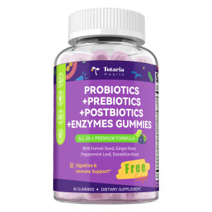 Totaria Sugar Free 5-in-1 Probiotic Prebiotic Postbiotic Gummy 36 Strains Probiotics for Women Men with Digestive Enzymes Peppermint Complete Immune Gut & Digestive Support Vegan 60 Counts