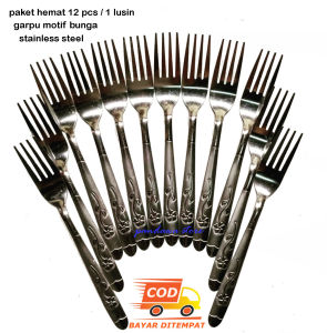 PANDAWA -  PAKET 12 PCS (1 LUSIN) GARPU MAKAN STAINLESS / GARPU MAKAN UKIRAN MOTIF BUNGA