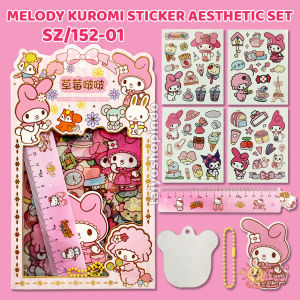 TAIYO Sticker Aesthetic Set Labubu Melody Kuromi Stiker 4 Lembar Penggaris Keychain Akrilik ATK