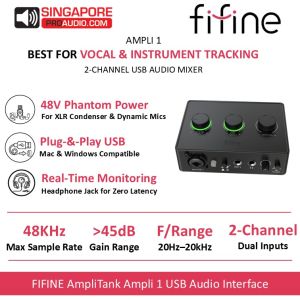 FIFINE AmpliTank Ampli1 USB Audio Interface Mixer 48V Phantom Power XLR & Instrument Input Direct Monitor for PC Mac Guitar