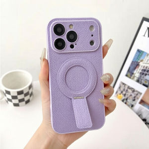 Litchi Leather Stand c For Magsafe Case For iPhone 17 Pro Max 15 14 13 16 Pro Max Plus Lens Protect Shockproof Slim Cover