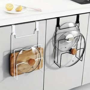 Kitchen Pot Lid Rack Punch-Free Door Back Type Moisture-proof Stainless Steel Frame Shelf Space-Saving Wall Mounted Chopping Board Drain Pan Cover Holder