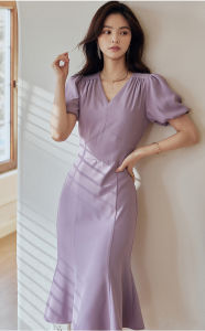 Đầm Dài Ôm Body Cổ Chữ V Tay Phồng Tím Pastel Sang Chảnh Nữ Tính