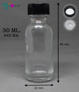 ขวด 30 มล.(12 ใบ) แก้วกลมสีใส+จุกรู+ฝามีโฟม#22mm.(GW.=0.82kg.) 07#22