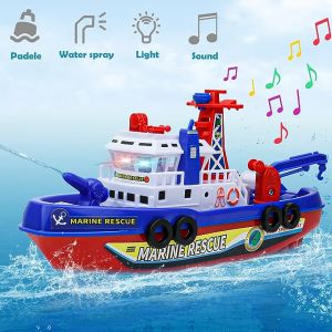 Music Light Boat Toy Electric Marine Rescue Fire Fighting Boat High Speed Electric Fire Boat Toy Non-Remote Toy for Kids Children